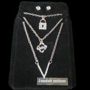 Rhinestone Necklace Earrings Set 4 Pc Lock‎ I Love You Silver Tone Jewelry Gift